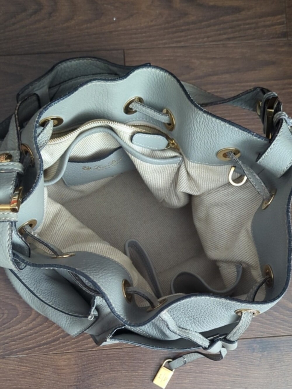 Loro Piana Gray Leather Drawstring Bucket Bag - Picture 8 of 15